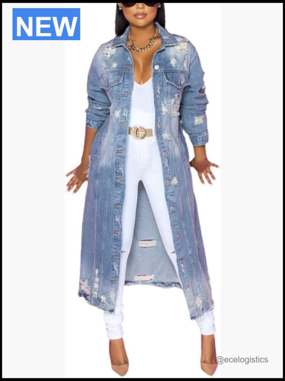 Ripped Holes Maxi Long Denim Jacket Trench Coat